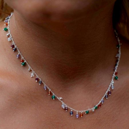 Natural Multi stone necklace, 925 Sterling silver Necklace for women